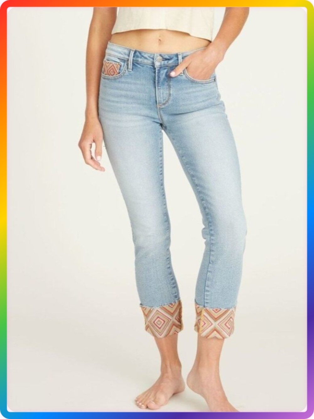 Driftwood Colette Crop Jean SIZE 33 Diamond Daze Blue Embroidered Cuff NWT